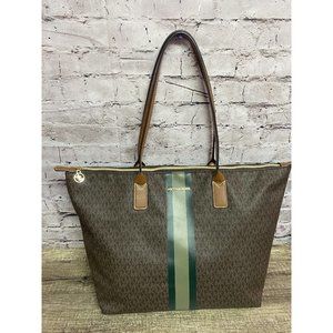 Michael Kors Women’s Large Shoulder Tote Brown/Green Stripe 13x20